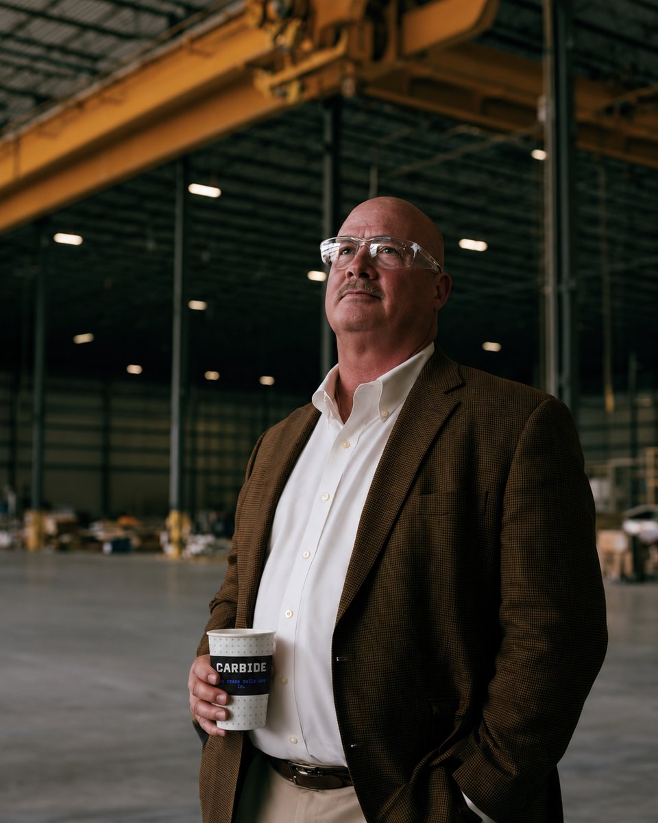 Man holding a Carbide coffee cup in a warehouse