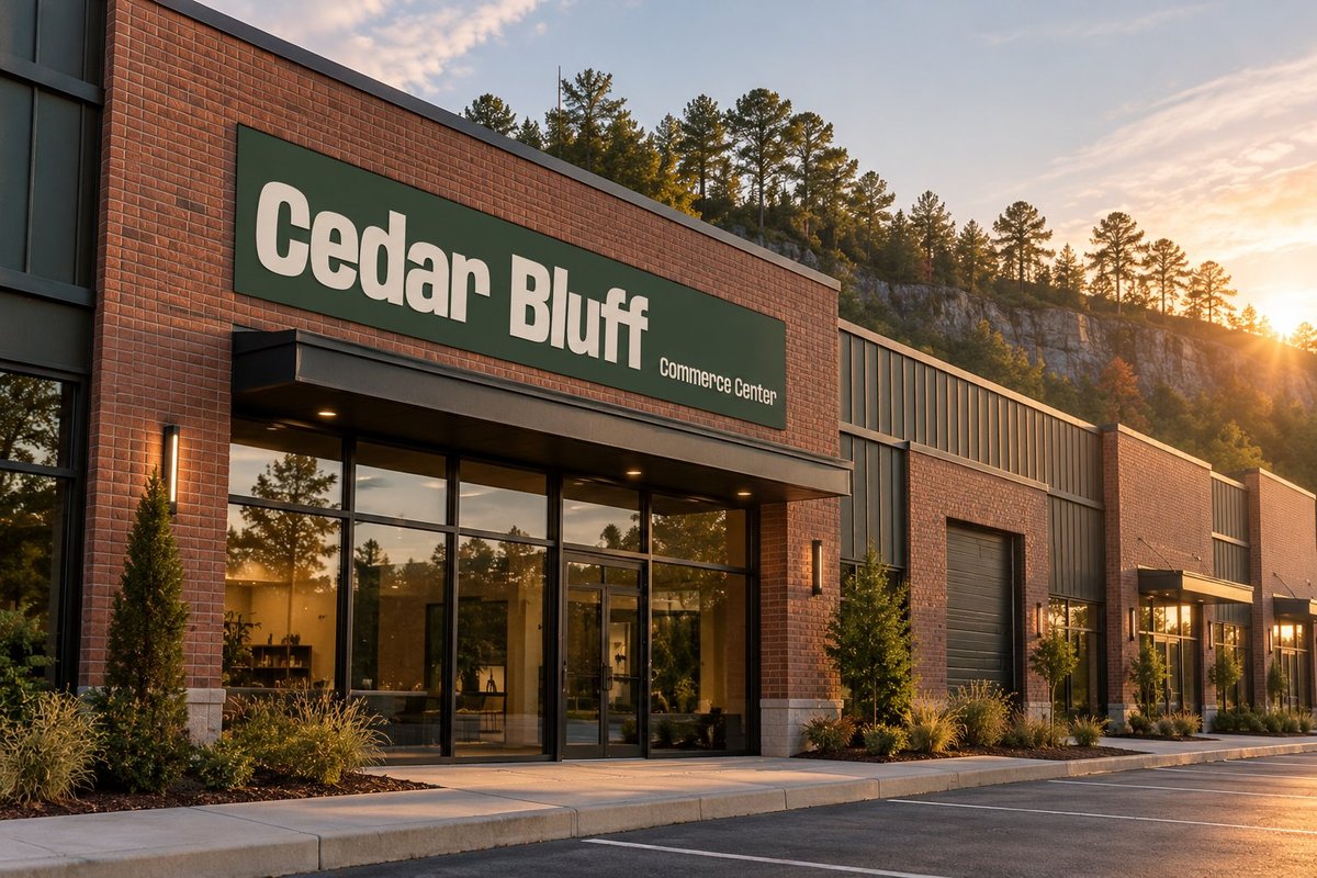 Cedar Bluff logo on a brick building at sunset