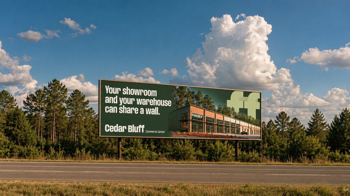 Cedar Bluff billboard by a highway with pine trees
