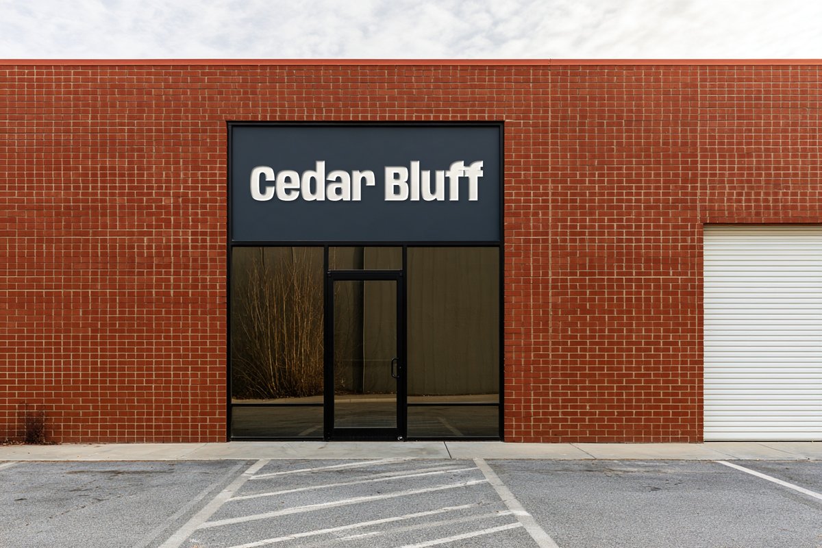 Cedar Bluff sign over a door in a brick wall