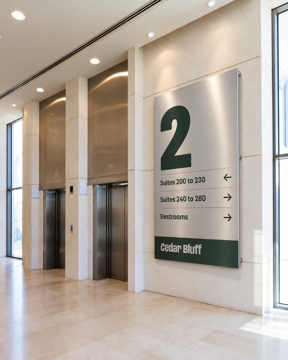 Cedar Bluff elevator lobby floor sign