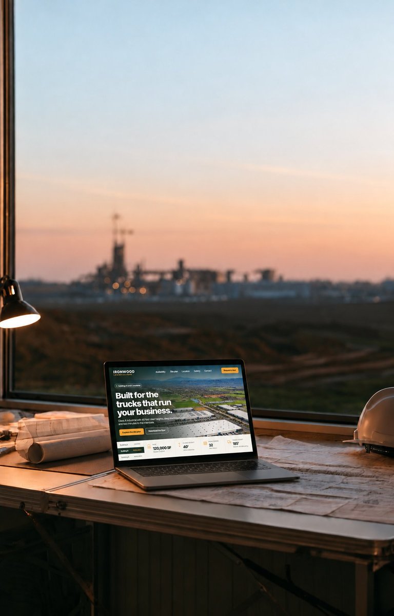 Ironwood Logistics Park website on a laptop at sunset