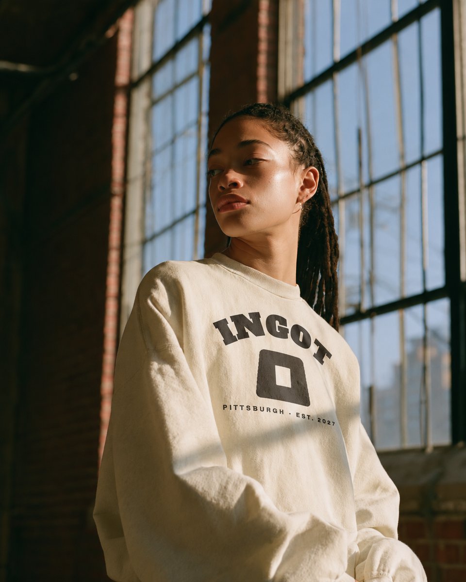 Woman wearing an Ingot crewneck sweatshirt