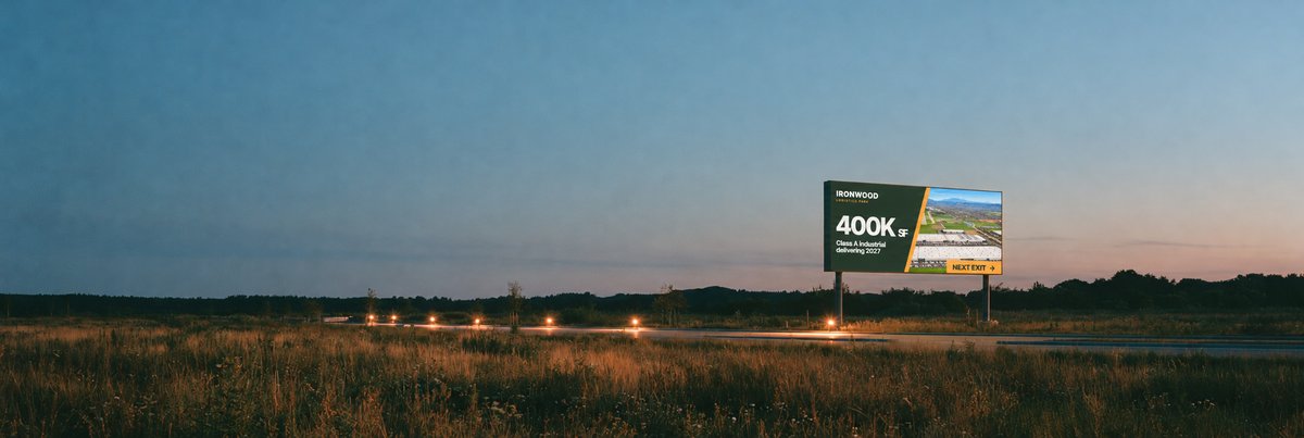 Ironwood Logistics Park roadside billboard at dusk