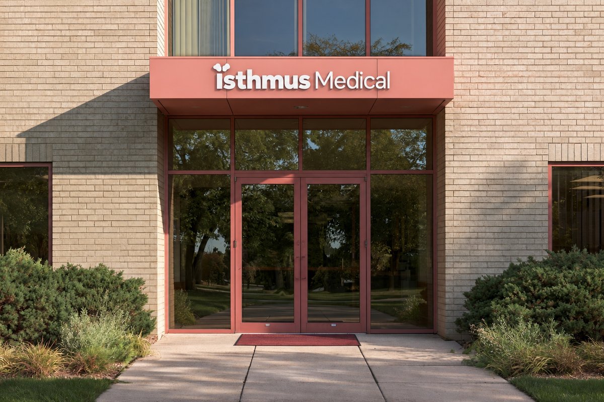 Isthmus Medical canopy letters over a clinic entrance