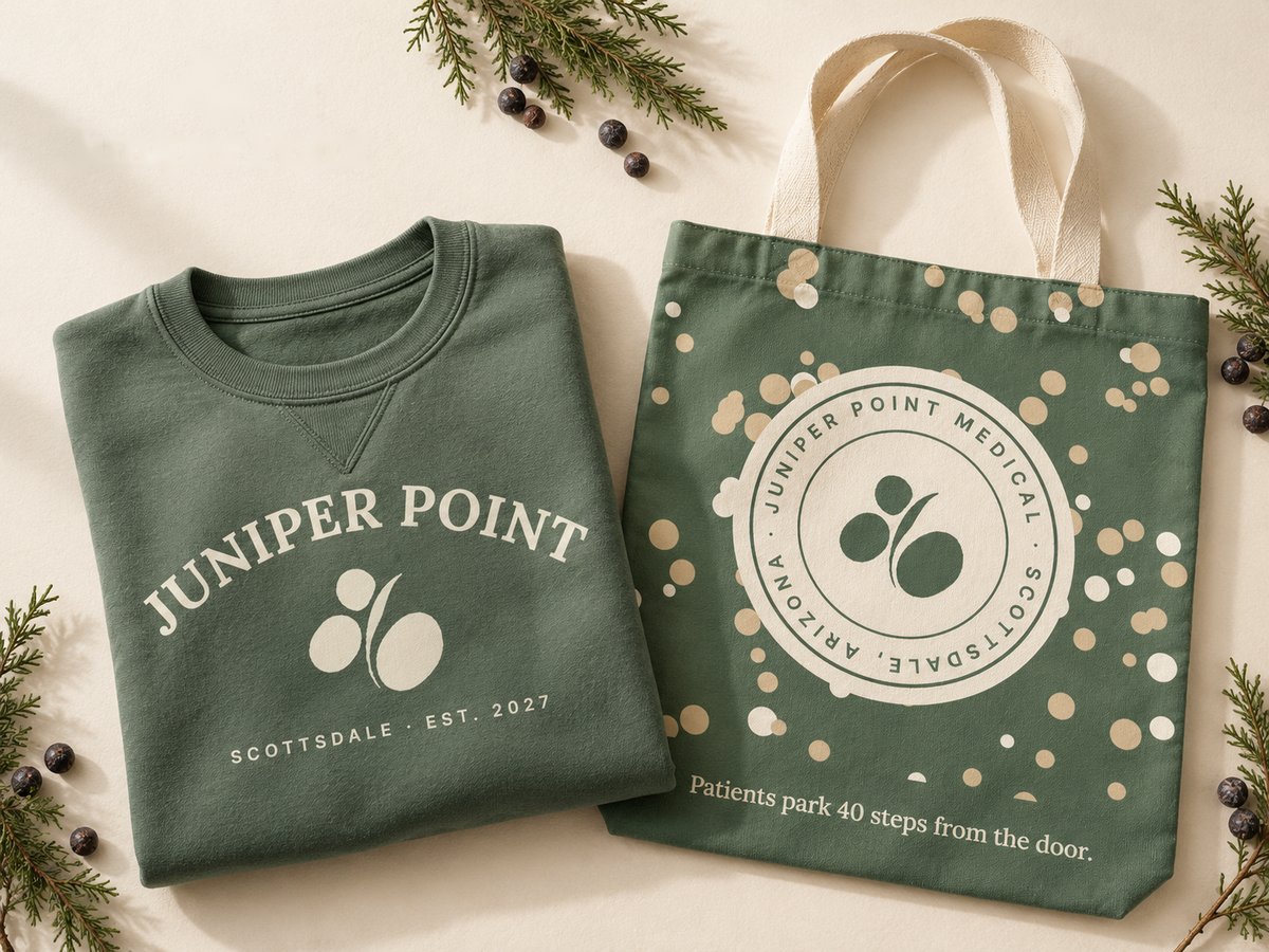 Juniper Point crewneck and tote flat lay