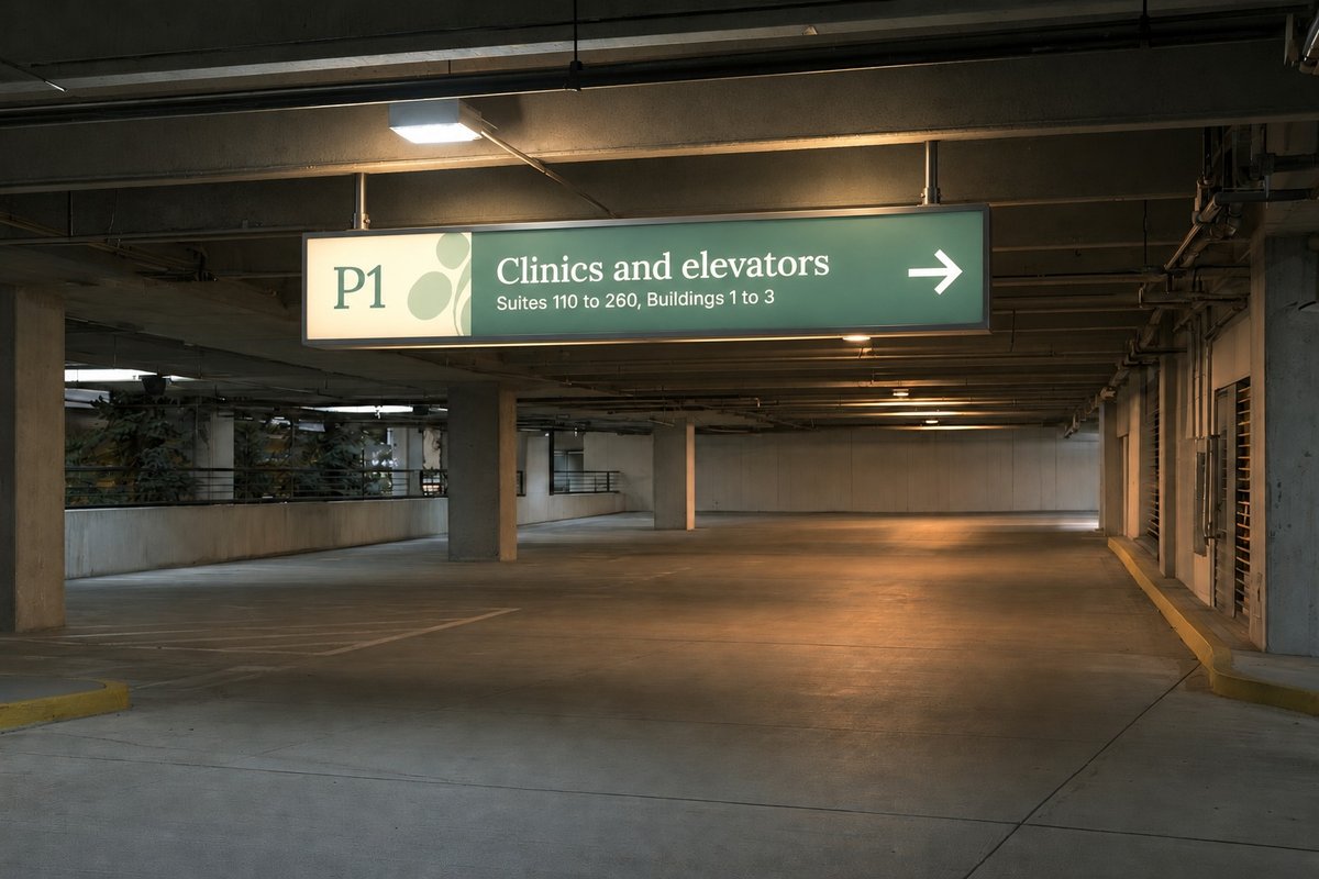 Juniper Point hanging directional sign in a parking garage