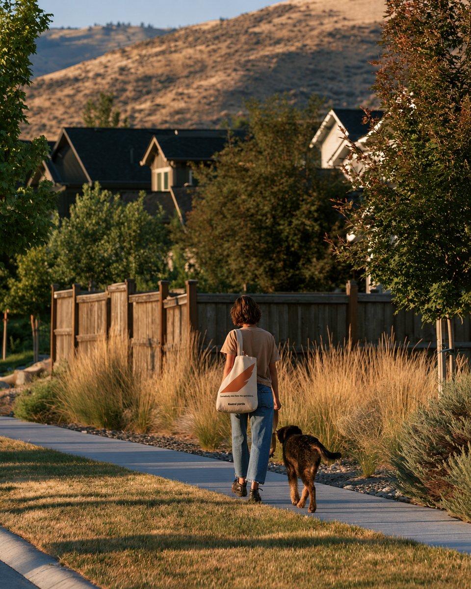 Woman carrying a Kestrel Yards tote while walking a dog