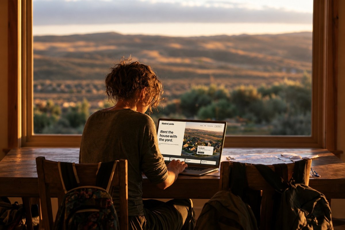 Woman browsing the Kestrel Yards website on a laptop at a window