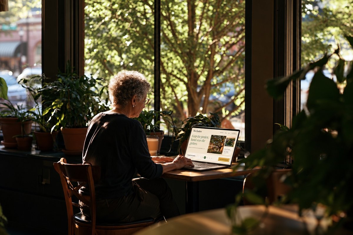Woman browsing The Linden website on a laptop in a cafe