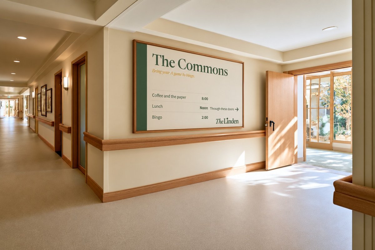 The Linden Commons sign in a residential corridor