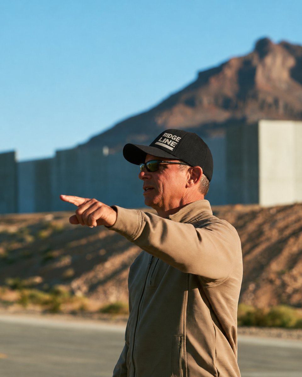 Man in a Ridgeline cap pointing across a desert site