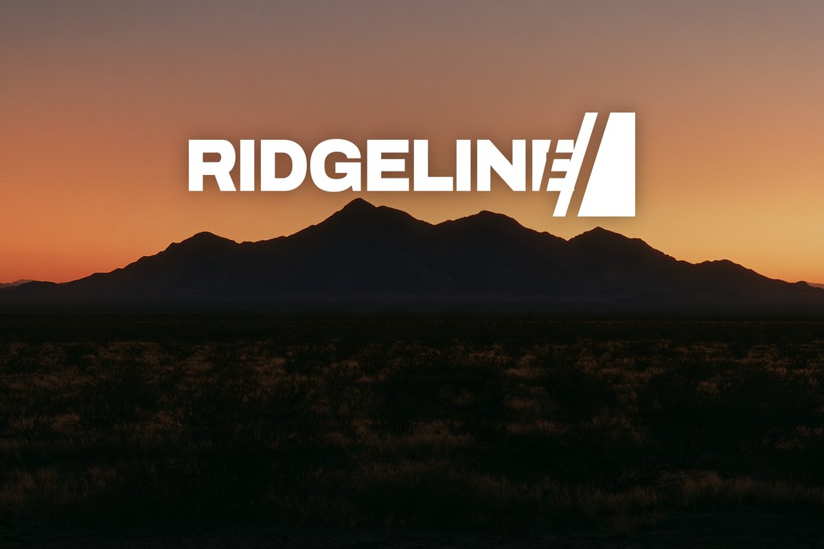 Ridgeline logo over a desert ridge at dusk