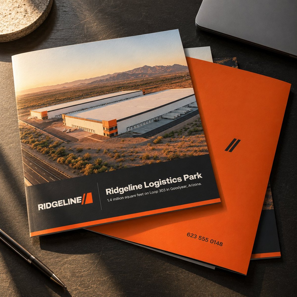 Ridgeline Logistics Park brochures stacked on a desk