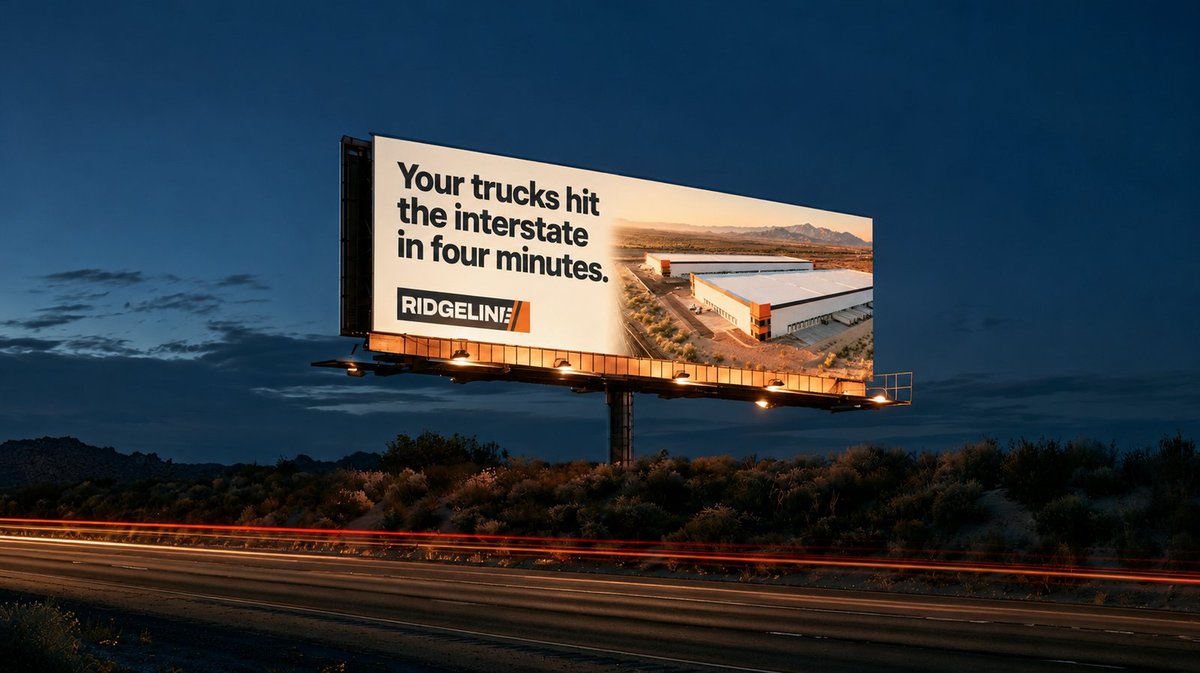 Ridgeline billboard over a highway at night