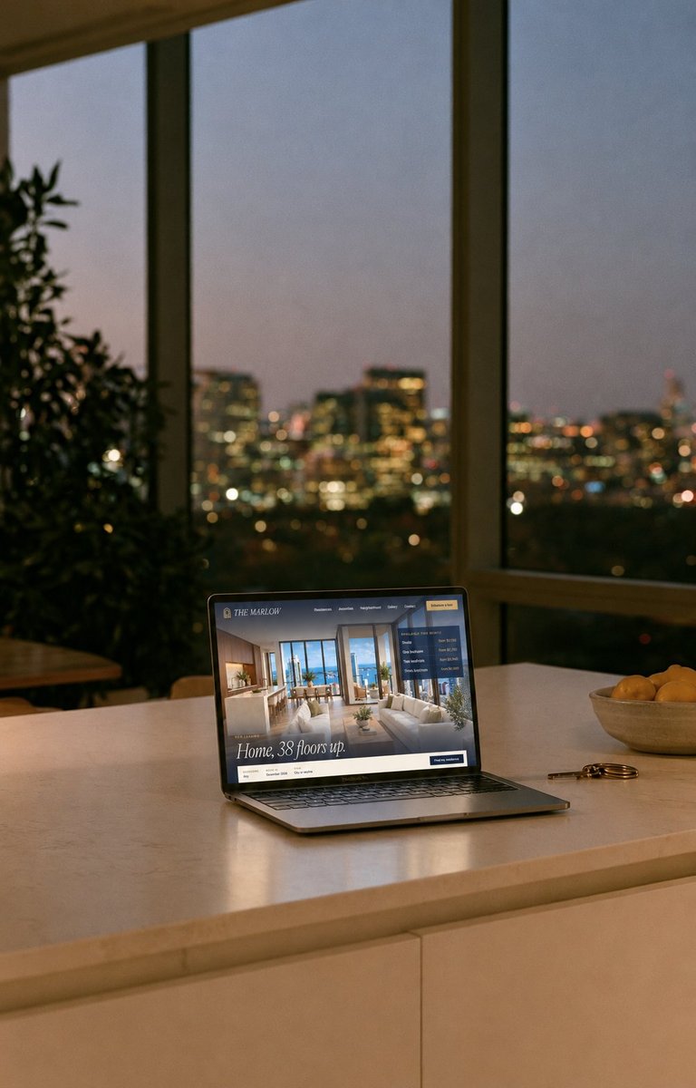 The Marlow website on a laptop by a window at night