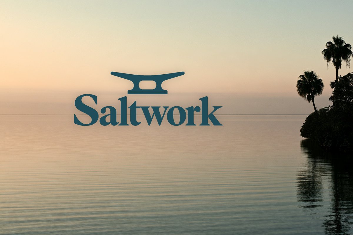 Saltwork logo over a calm bay at dawn
