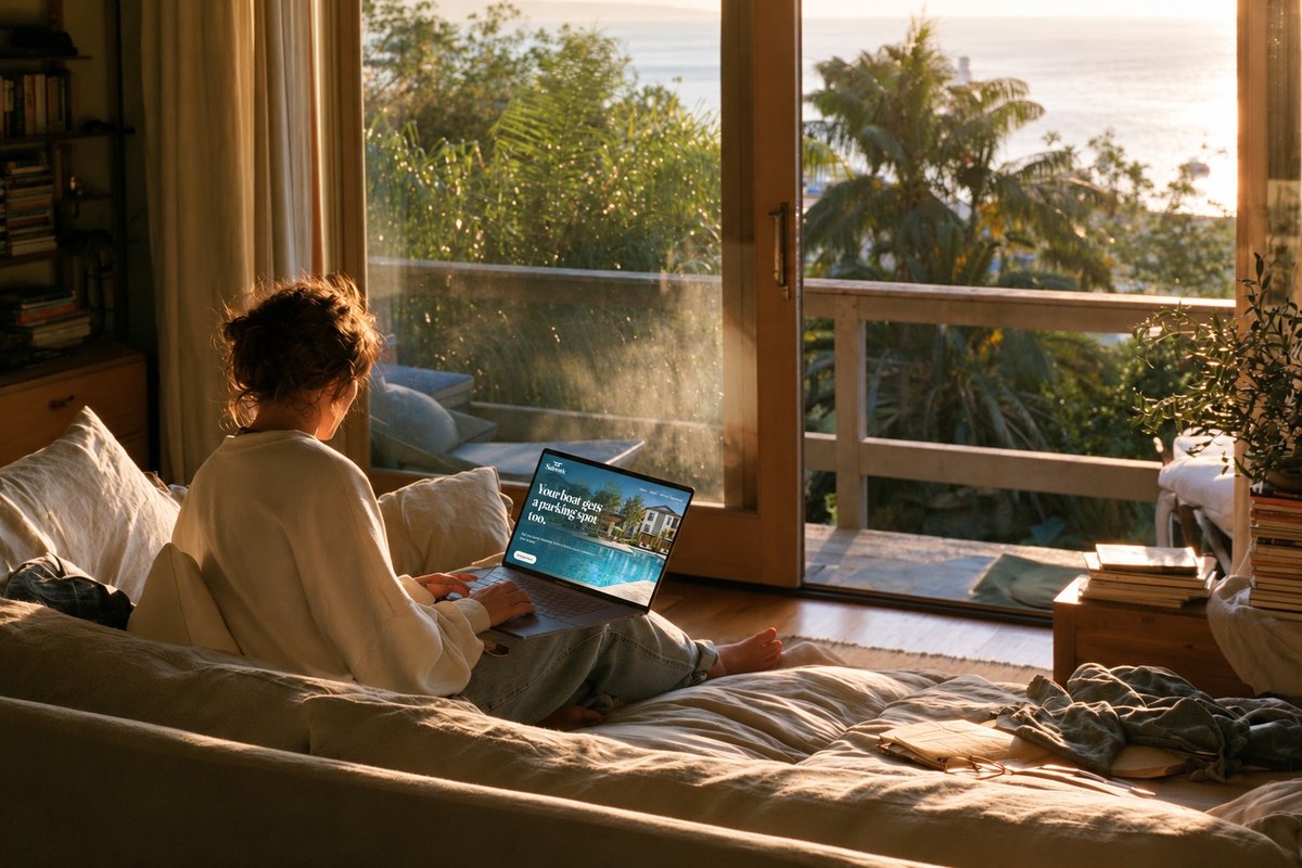 Woman browsing the Saltwork website on a laptop on a sofa