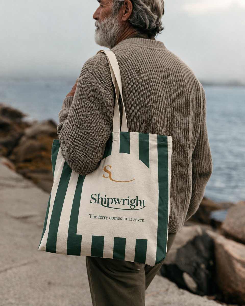 Man carrying a Shipwright striped tote by the water