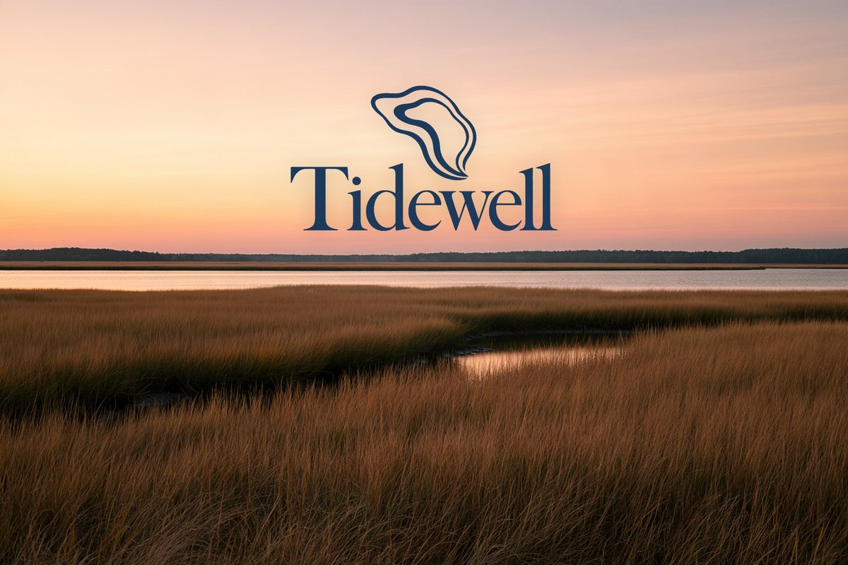 Tidewell logo over a salt marsh at dusk