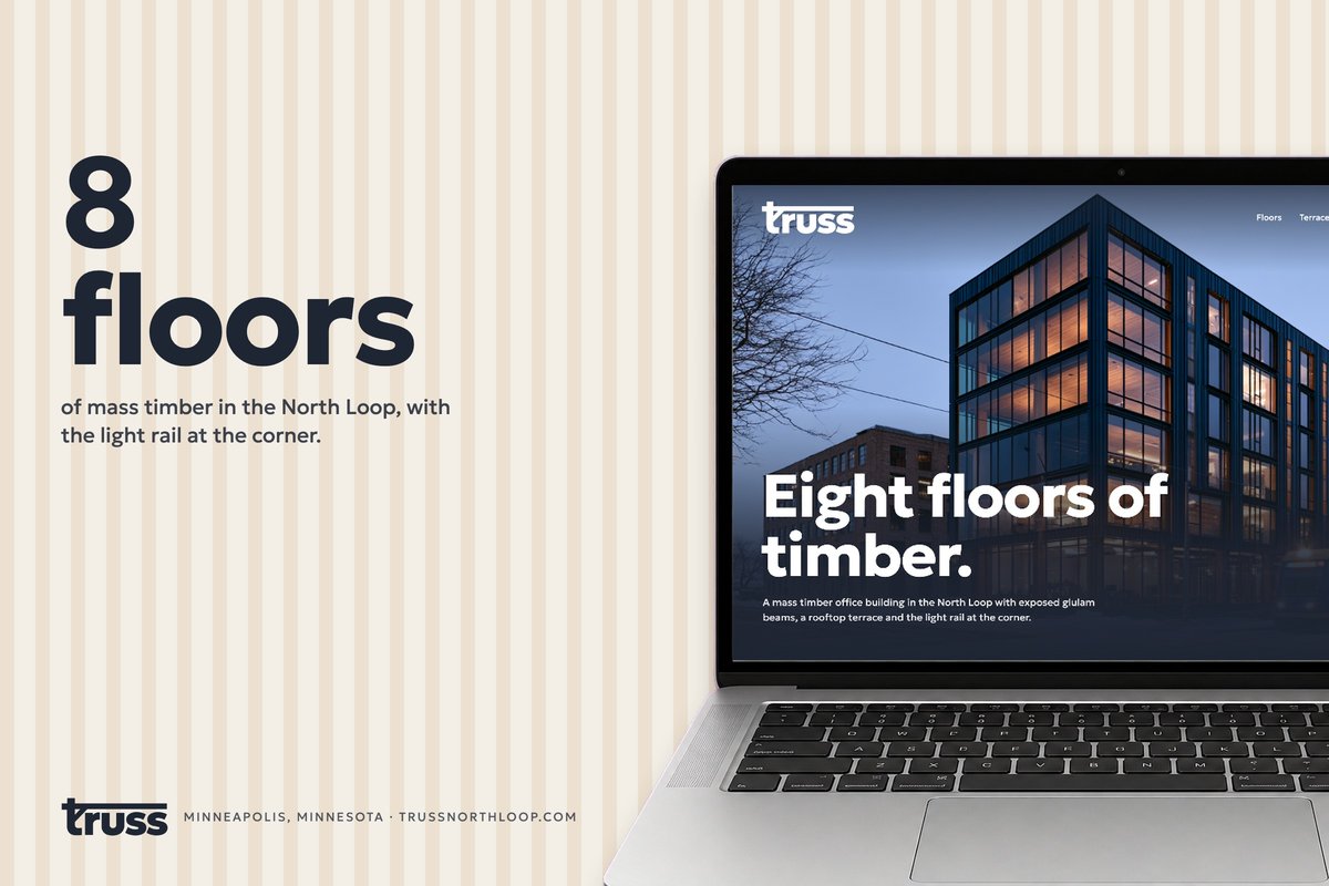 Truss website on a laptop beside an Eight floors headline