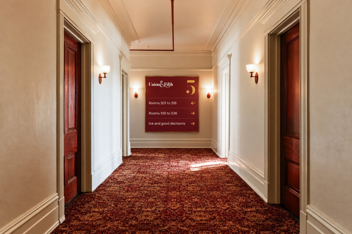 Union and Fifth directory sign in a hotel corridor