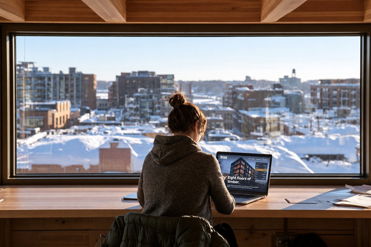 Truss website on a laptop by a window over a snowy city