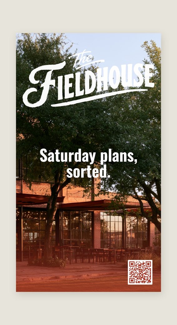 Fieldhouse tall ad with a red brick venue, Saturday plans sorted