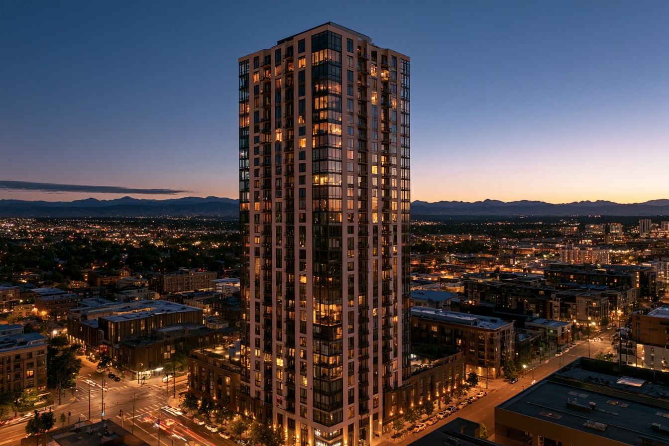 Drone photo of an office tower in Denver at dusk