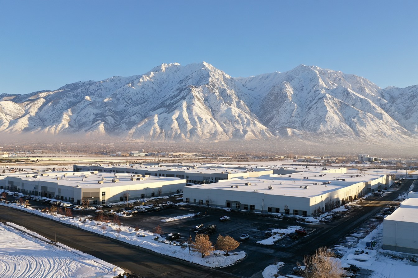 Drone photo of a flex industrial building in Salt Lake City in winter