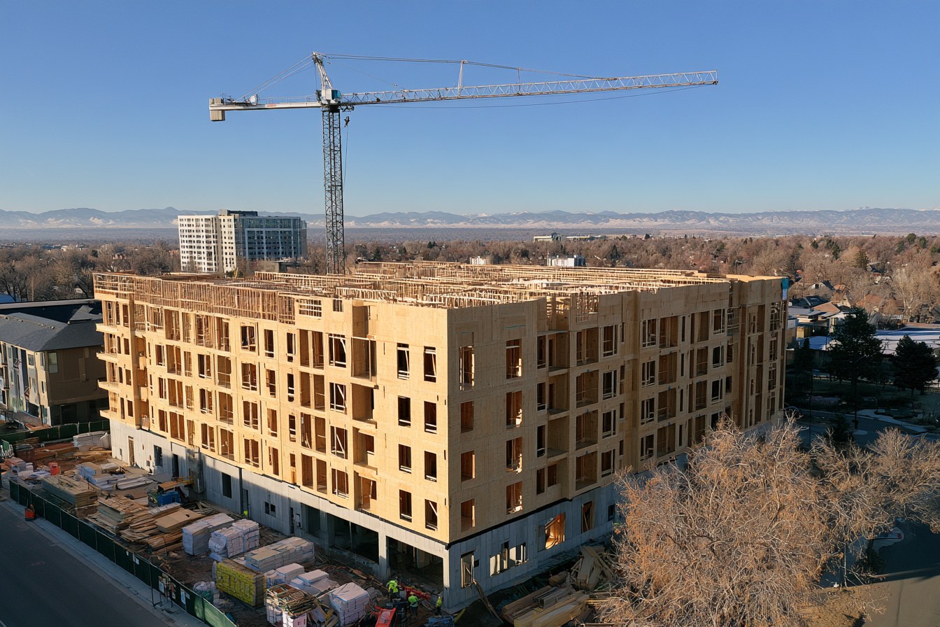 Drone photo of an apartment building under construction in Denver
