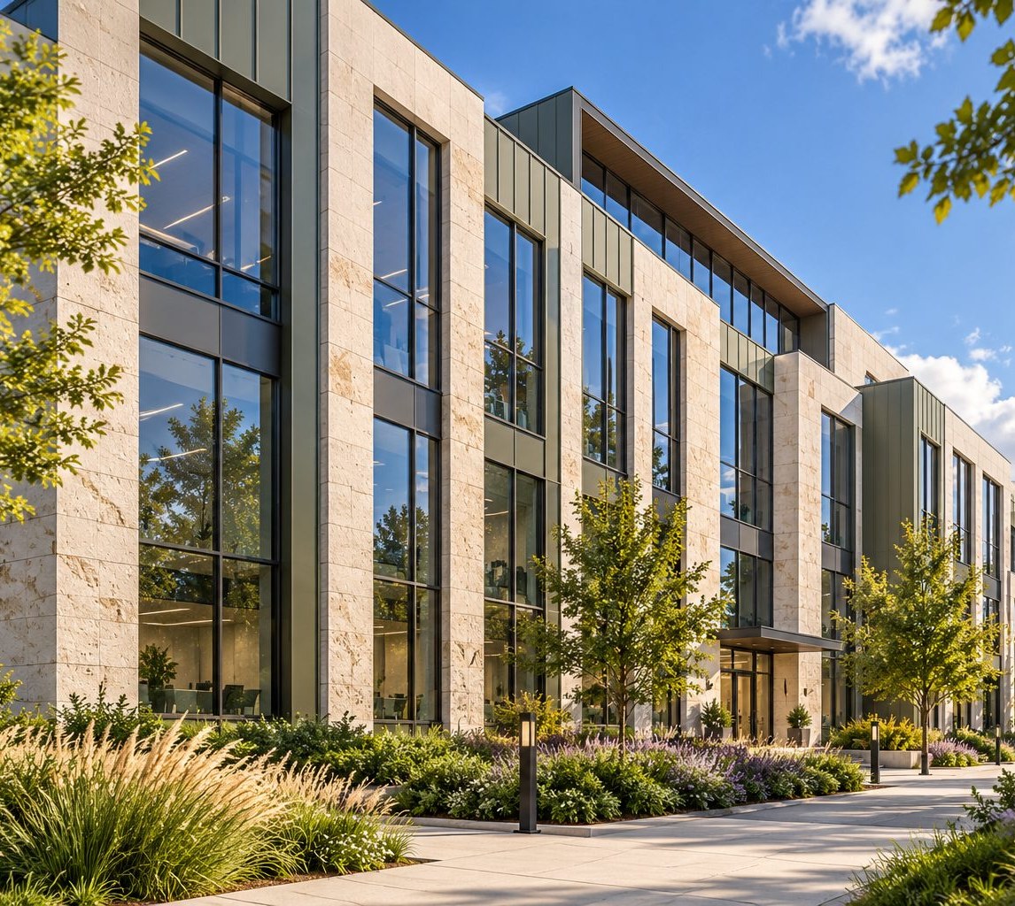 Rendering of a stone and glass office building behind landscaped gardens