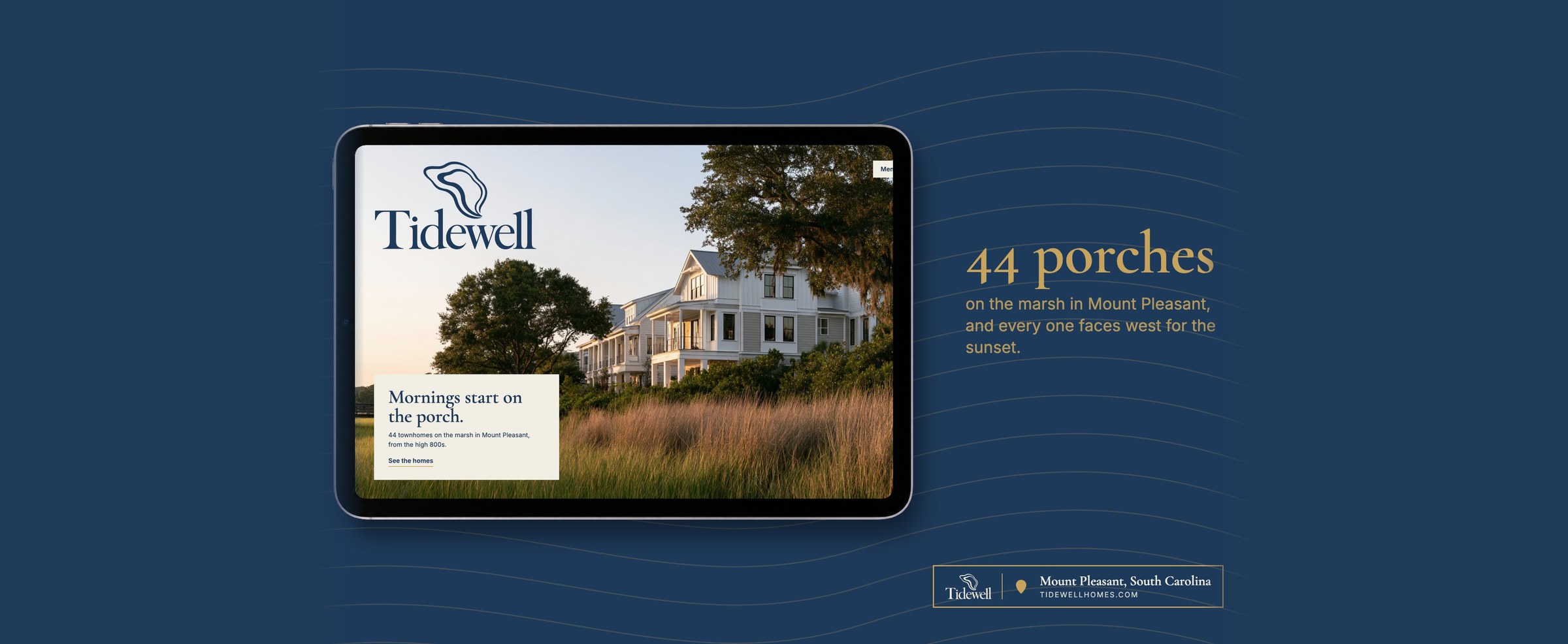 Tidewell website on a tablet, 44 porches on the marsh