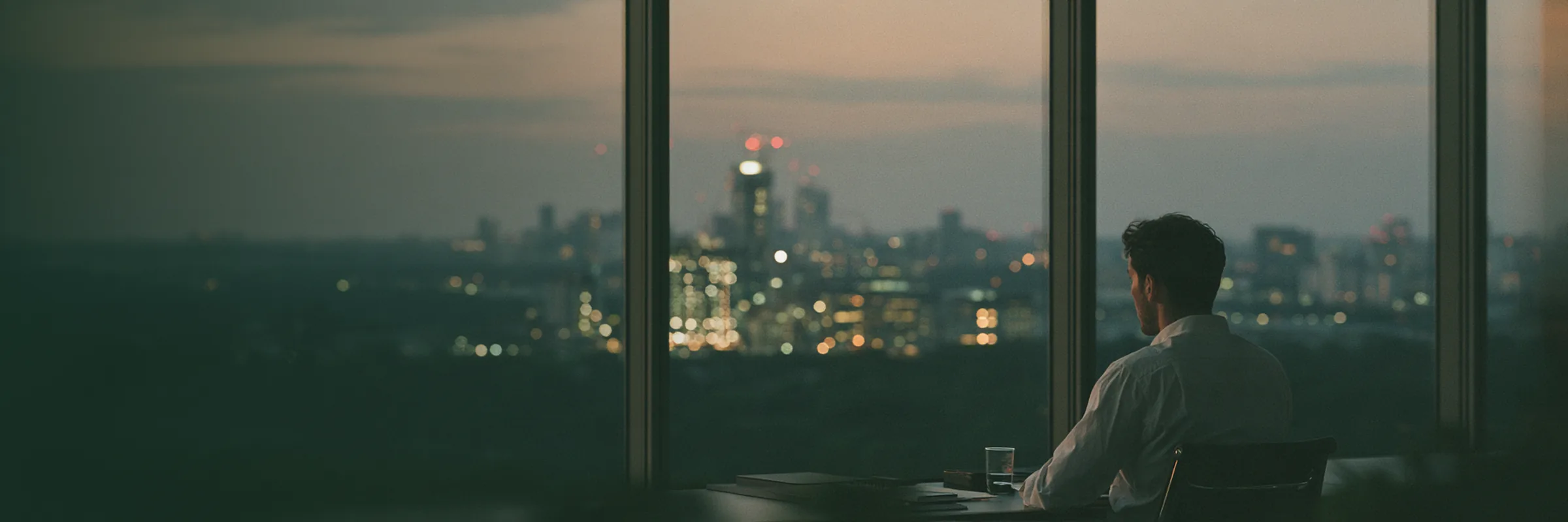 Developer seen from behind at a tall office window at dusk, looking out over a lit city skyline