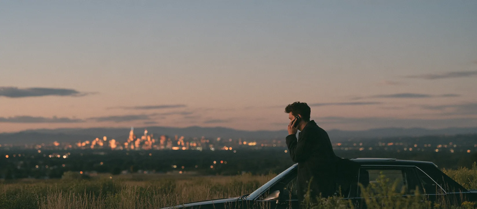 Developer on a phone call leaning on his car at the edge of an empty lot at blue hour, a city skyline far away