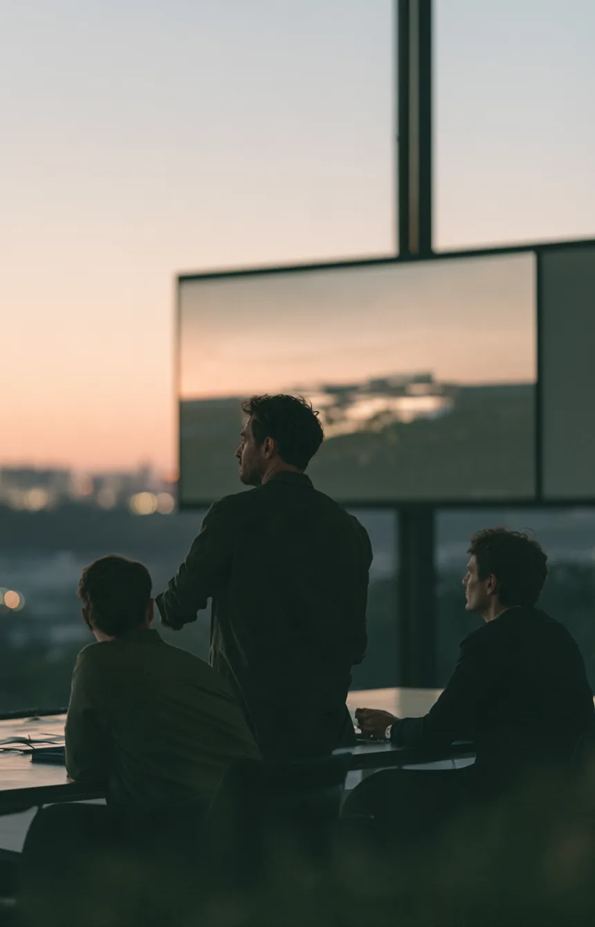 Developer presenting a rendering on a wall screen to investors in a dim boardroom at dusk