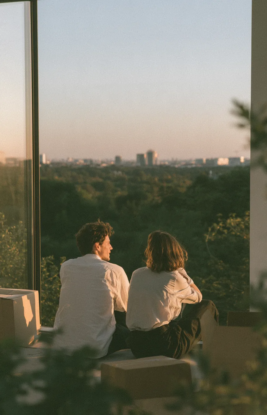A couple seen from behind sitting on the floor of their new apartment at golden hour, a city beyond the tall windows