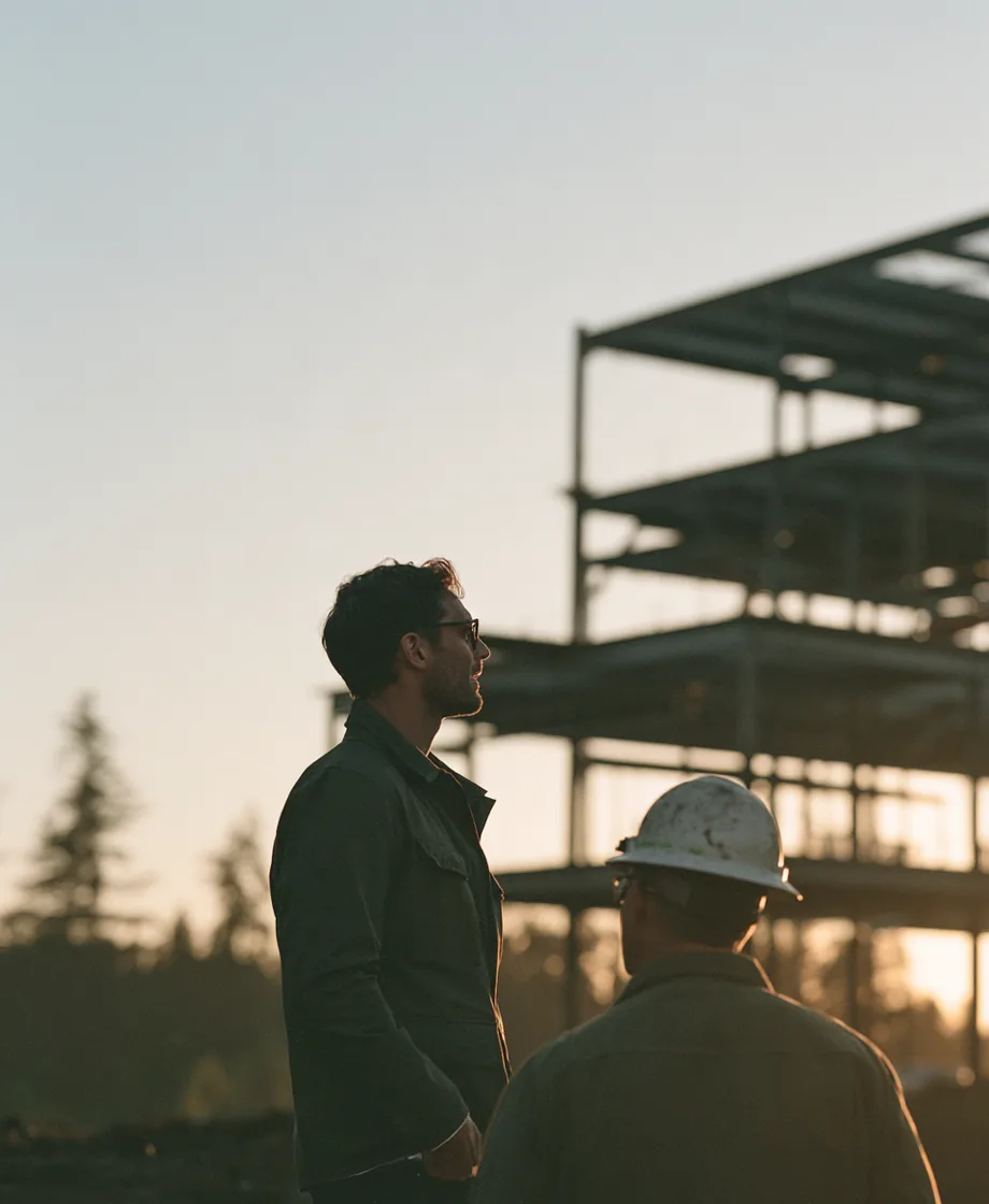 Developer talking with a site superintendent in a hard hat beside a rising steel frame at golden hour
