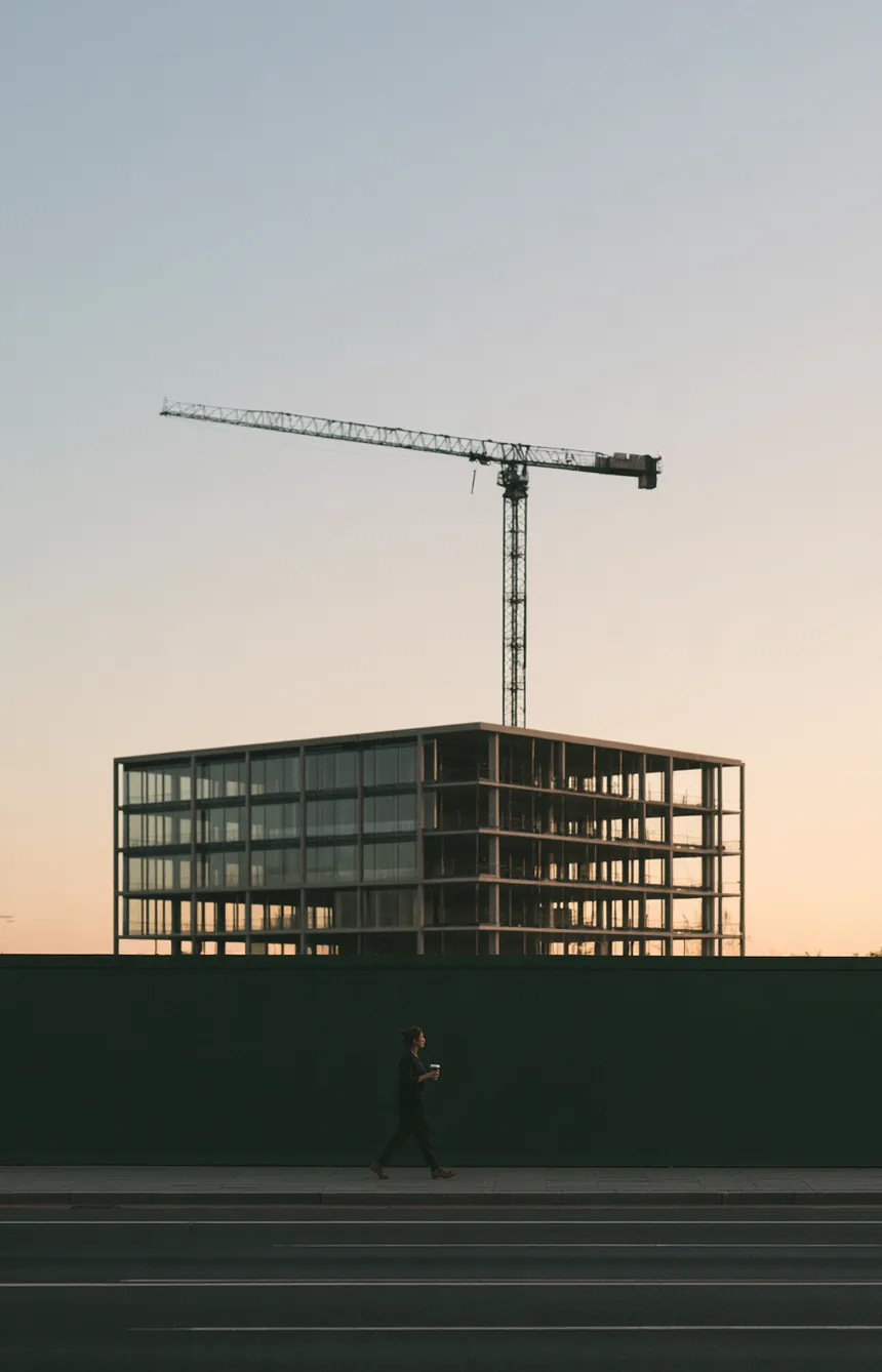 Construction site behind a dark green hoarding at dusk, with a tower crane over a rising concrete frame