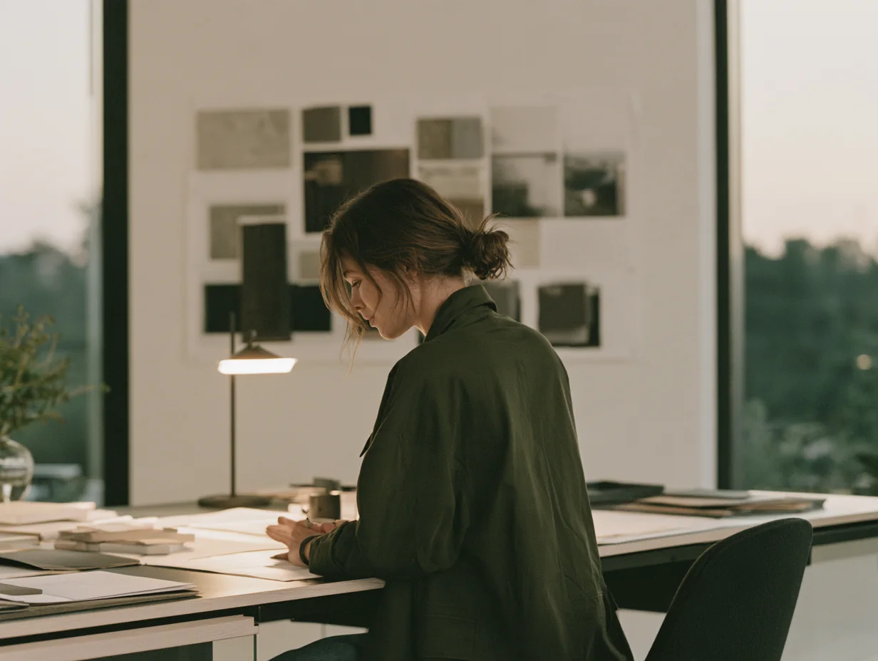 Designer in a dark green coat working at a desk below a wall of stone, wood and fabric samples in a studio at dusk
