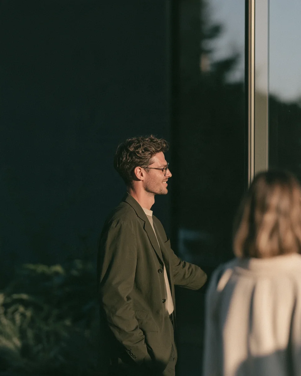 Leasing agent in profile holding open the glass door of a new apartment lobby for an arriving renter at golden hour