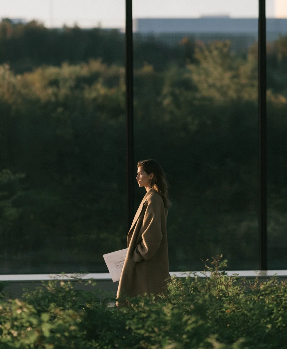 Leasing lead in a camel coat holding a folded floor plan, walking past a planted terrace outside a new office building at golden hour
