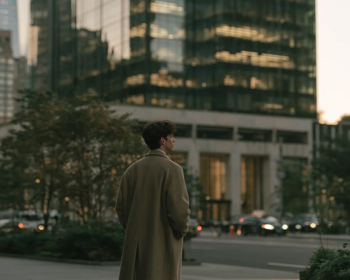 Tenant rep broker in a camel coat seen from behind, looking up at the entrance of a new office building at dusk