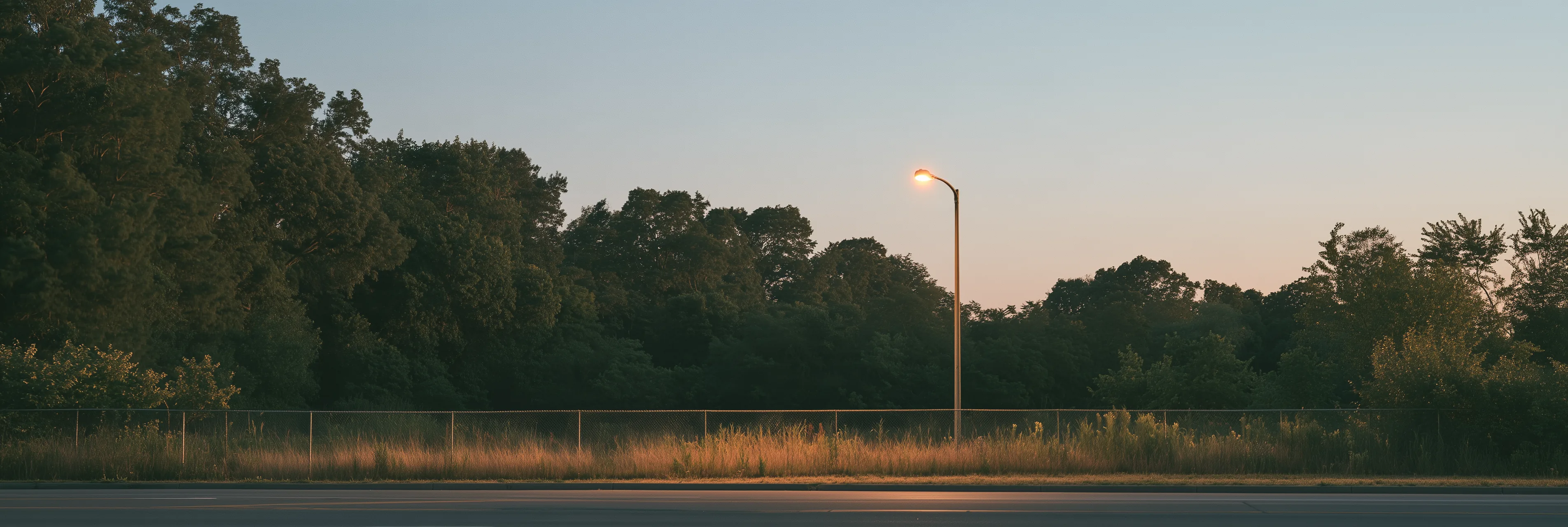 An empty lot at dusk with a single streetlight and a low fence, trees beyond
