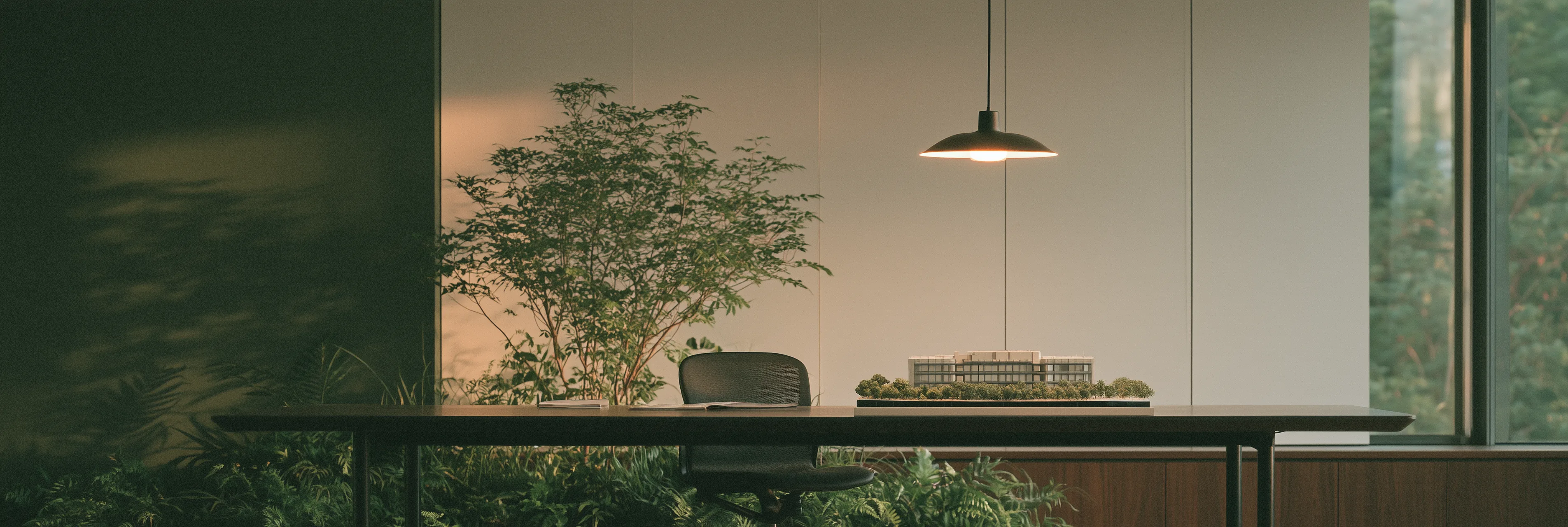 An architectural model of an office campus on a long table under a single pendant lamp in a quiet green room