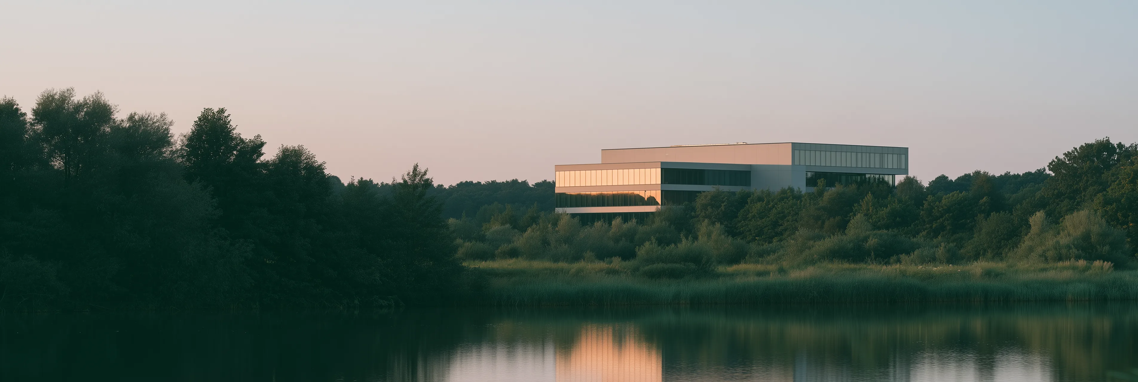 A low modern office building across a calm lake at dusk, framed by dark trees