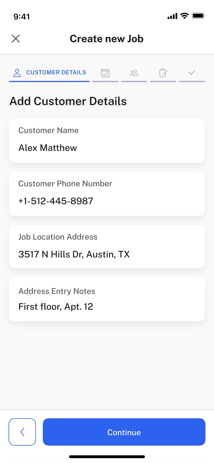Mobile UI screens showing the ‘Create new job’ flow for a. real estate SaaS app