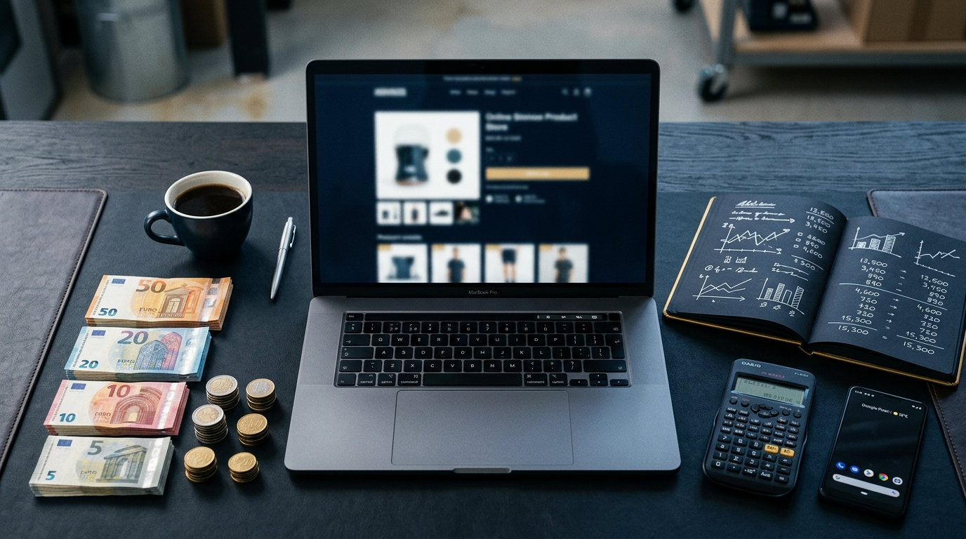 Bureau avec ordinateur portable, billets en euros et carnet de budget pour se lancer en e-commerce en 2026