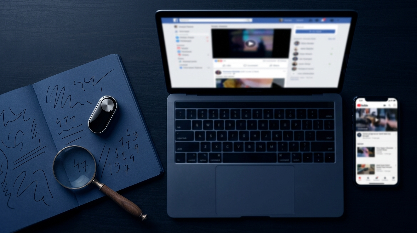 Recherche de produit gagnant e-commerce : feeds publicitaires, carnet et loupe sur un bureau