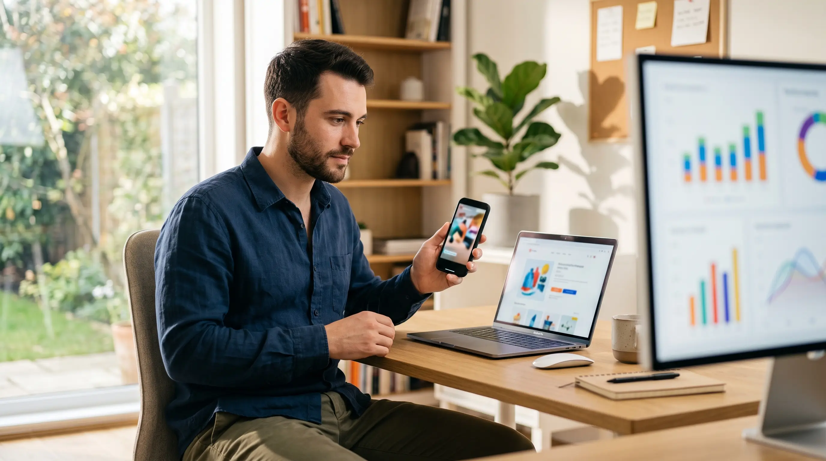 Entrepreneur e-commerce comparant Meta Ads et Google Ads sur son ordinateur et son smartphone